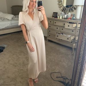 SATIN PUFF SLEEVE BELTED WRAP MAXI DRESS